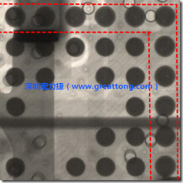 BGA錫球尺寸小于0.4mm，采用降低BGA內(nèi)圍襲球的錫膏量所得到X-Ray，稍微留意一下可以發(fā)現(xiàn)最外圈的錫量(圓的直徑)比其他內(nèi)圍的錫球上的錫量來(lái)得多一點(diǎn)點(diǎn)。也就是外圈的黑色圓形直徑比內(nèi)圈的圓形來(lái)得大一點(diǎn)點(diǎn)。