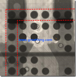 BGA錫球尺寸小于0.4mm，采用降低BGA內(nèi)圍襲球的錫膏量所得到X-Ray，稍微留意一下可以發(fā)現(xiàn)最外圈的錫量(圓的直徑)比其他內(nèi)圍的錫球上的錫量來(lái)得多一點(diǎn)點(diǎn)。也就是外圈的黑色圓形直徑比內(nèi)圈的圓形來(lái)得大一點(diǎn)點(diǎn)。