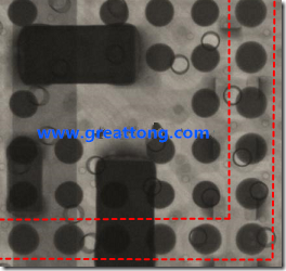 BGA錫球尺寸小于0.4mm，采用降低BGA內(nèi)圍襲球的錫膏量所得到X-Ray，稍微留意一下可以發(fā)現(xiàn)最外圈的錫量(圓的直徑)比其他內(nèi)圍的錫球上的錫量來(lái)得多一點(diǎn)點(diǎn)。也就是外圈的黑色圓形直徑比內(nèi)圈的圓形來(lái)得大一點(diǎn)點(diǎn)。