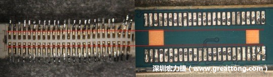 把板對板連接器與其電路板的佈線焊墊作一個比較，端子的切斷面有毛邊的地方剛好對到了裸銅區(qū)。