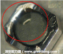 使用錫(Sn)鍍層的電源電感器(Power Inductors)，經(jīng)過推力測(cè)試后，其焊點(diǎn)還保留在零件的端點(diǎn)上，所以推力比較高。