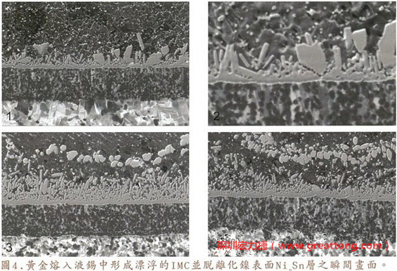 下面四張圖片為放大4500倍的SEM圖像，說明在回流焊爐熱量不足的情況下，黃金成份正要從鎳層分離融入焊錫之中的瞬間，當零件遭受外力沖擊的時候就極有可能從這一整排AuSn、、AuSn2或AuSn4的IMC處裂開。
