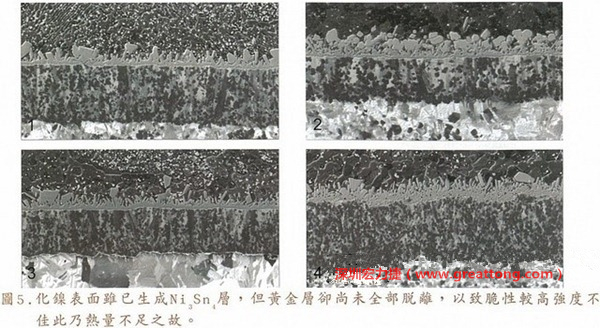 下面四圖顯示，當焊接的熱量不足或未持續(xù)時，雖然Ni3Sn4的薄薄IMC層已經(jīng)生成而焊牢，但也會因為AuSn及AuSn2還未來得及逸走，而停留在共金介面附近，當有外力拉扯的時候，就很容易斷裂開來。這就是為何ENIG的焊點強度，始終不如銅面焊點(Cu6Sn5)來得更為牢固的主因之一。