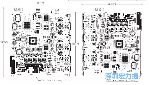 如圖7所示是使用不同數(shù)量邊條的拼板，拼板1僅使用了一個(gè)邊條，直接利用PCB另一邊作為SMT工藝傳送邊，并且PCB圖形中有合適的安裝孔；而拼板2則是按常規(guī)設(shè)計(jì)了兩個(gè)邊條。拼板方式為連接筋。圖中“Breakaway Tab”指邊條-深圳宏力捷