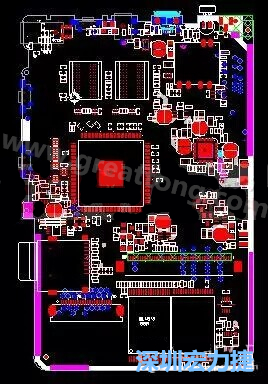 上圖是一個開發(fā)板的PCB，從布局中可以看出各個接口電路分離很明確，SDRAM和DDR以及SD卡接口電路等走線不會造成相互的干擾。-深圳宏力捷