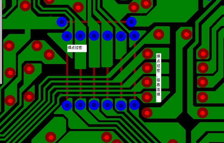 PCB設(shè)計(jì)焊點(diǎn)過(guò)密，易造成波峰連焊，焊點(diǎn)間漏電