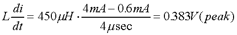 舉例來說，一個閘在"ON"而載有4mA的電流時，突然開關(guān)切到"OFF"且現(xiàn)在載有0.6mA的電流，假設(shè)開關(guān)時間為4msec，載有450mH的電感信號的導(dǎo)體，此時所產(chǎn)生的電壓突波為