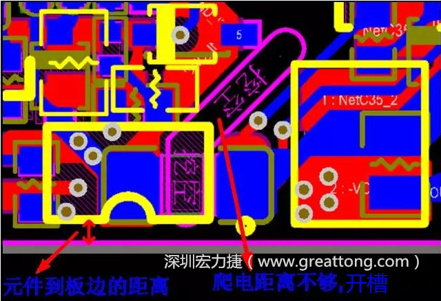 如果碰到模塊PCB空間有限，爬電距離不夠，可以采用開(kāi)槽的方式