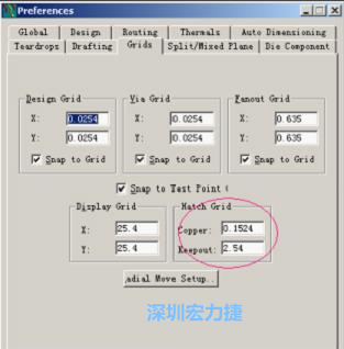  改銅皮的填充網(wǎng)格Global→Design Units，填充方向Drafting→Direction；Hatch Grid中Copper此數(shù)值為大銅箔中所填充的線條中心到中心的距離。
