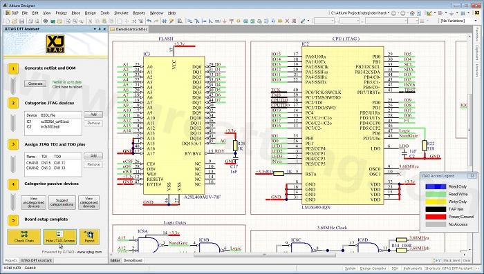 XJTAG DFT Assistant的Access Viewer模式可以清楚地顯示可用的測(cè)試存取層級(jí)，讓電路板設(shè)計(jì)人員在展開PCB布局以前的原理圖擷取階段盡可能地提高測(cè)試存取能力