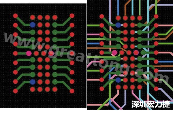 圖7：焊盤內(nèi)過孔用于內(nèi)部，而外部接腳在0.5mm閘格上扇出。圖7a顯示的是頂層(左)；圖7b顯示頂層和內(nèi)部布線層(右)。