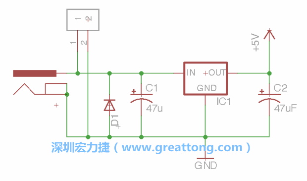 2.5.    新增一個(gè)二極體，它會(huì)以水平的狀態(tài)出現(xiàn)在屏幕上，請(qǐng)使用「旋轉(zhuǎn)（Rotate）」工具把它負(fù)極那一面朝上，并且用「網(wǎng)絡(luò)連接」工具將它連接在電壓調(diào)整器的輸入端和接地端之間。
