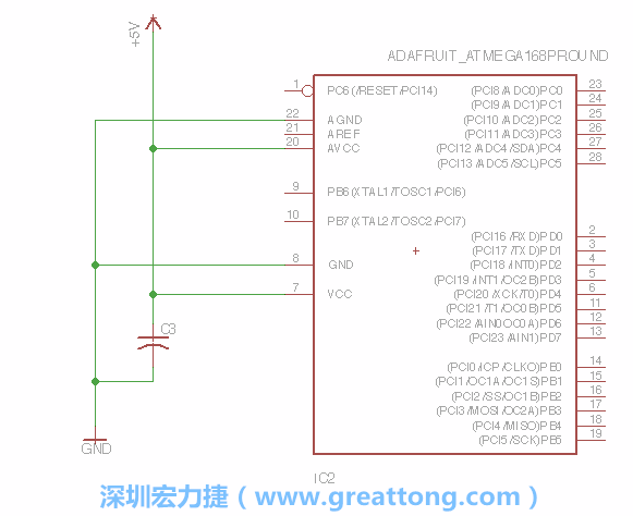 3.1.    新增微控制器晶片（RBBB → ATmega），把它放在電路原理圖的中央附近，把它的兩個接地接頭連接到接地訊號端。