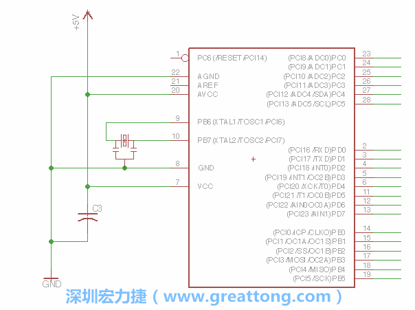 3.2.    在靠近ATmega的電源供應針腳7的位置放置一個0.1μF的電容，將它分別連接電源、接地端和針腳7。