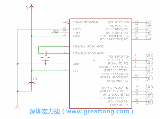 3.3.    將共鳴器（resonator）放置在針腳9和針腳10附近，將它的三個針腳連接如圖所示，并確認最中間的針腳有連到接地端。