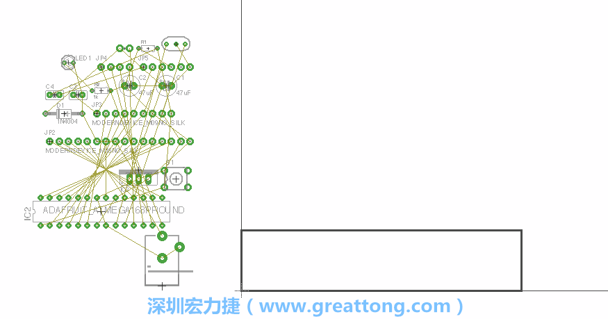 第一次執(zhí)行布線編輯器時，你會發(fā)現(xiàn)有兩個區(qū)塊，左邊的區(qū)塊非?；靵y，而右邊的區(qū)塊則是一個長方形的工作區(qū)域，EAGLE免費版會限制你的工作區(qū)域在4” x 3.2”的范圍內(nèi)，如果你試圖將元件擺放在工作區(qū)外的話，就會跳出警示訊息。