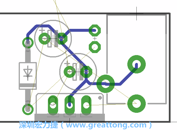 當(dāng)你在擺放元件時，要注意元件間的連結(jié)關(guān)系使用「旋轉(zhuǎn)（Rotate）」工具來讓連結(jié)點更接近、更容易布線。舉例來說，我們可以將這邊的二極體轉(zhuǎn)一個方向來縮短和47μF電容間的連結(jié)距離。