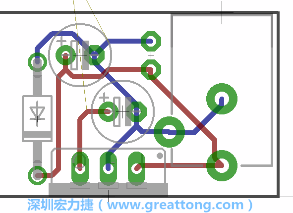 接地連結(jié)點的布線情形如下圖所示，利用這個練習(xí)來避免電路連線銳角化的產(chǎn)生是一個不錯的選擇，你可以在工具列中的彎曲線路（Wire Bend）選項里改變各種布線的變化。