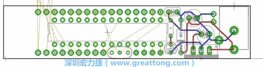 將ATmega微控制器、三個GPIO排針（JP2, JP3, JP4）和諧振器（resonator）排置如上圖所示。