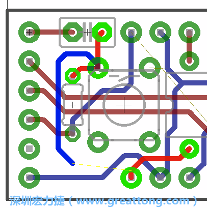 要在電路板正面進(jìn)行+5V信號線連結(jié)和其他連結(jié)點的布線工作是非常容易的，而重置信號線（信號線用來連結(jié)電路板正面左邊的重置開關(guān)）需要經(jīng)過一個可以通過電路板正反兩面的電路通道，這個通道是一個可以讓電路板正反兩面線路連接的一個小孔。