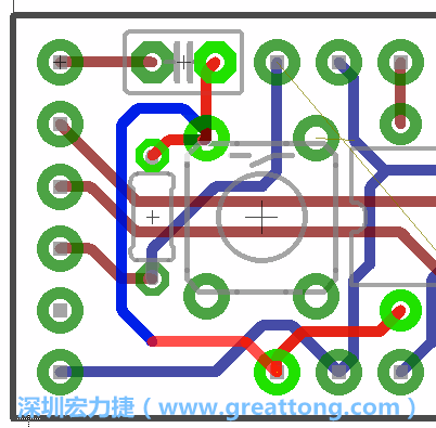 為了要創(chuàng)造一個電路通道，首先要先點擊重置開關(guān)的連結(jié)點進(jìn)行布線，在電路板的背面繪制線路直到其它線路前的乾淨(jìng)區(qū)域。