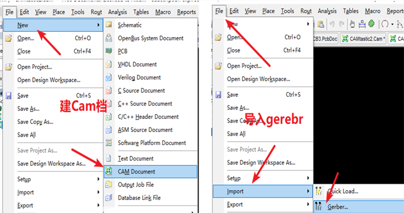 在File下新建 Cam檔，建后再File下導(dǎo)入Gerber文件，選擇所有文件導(dǎo)入gerber。